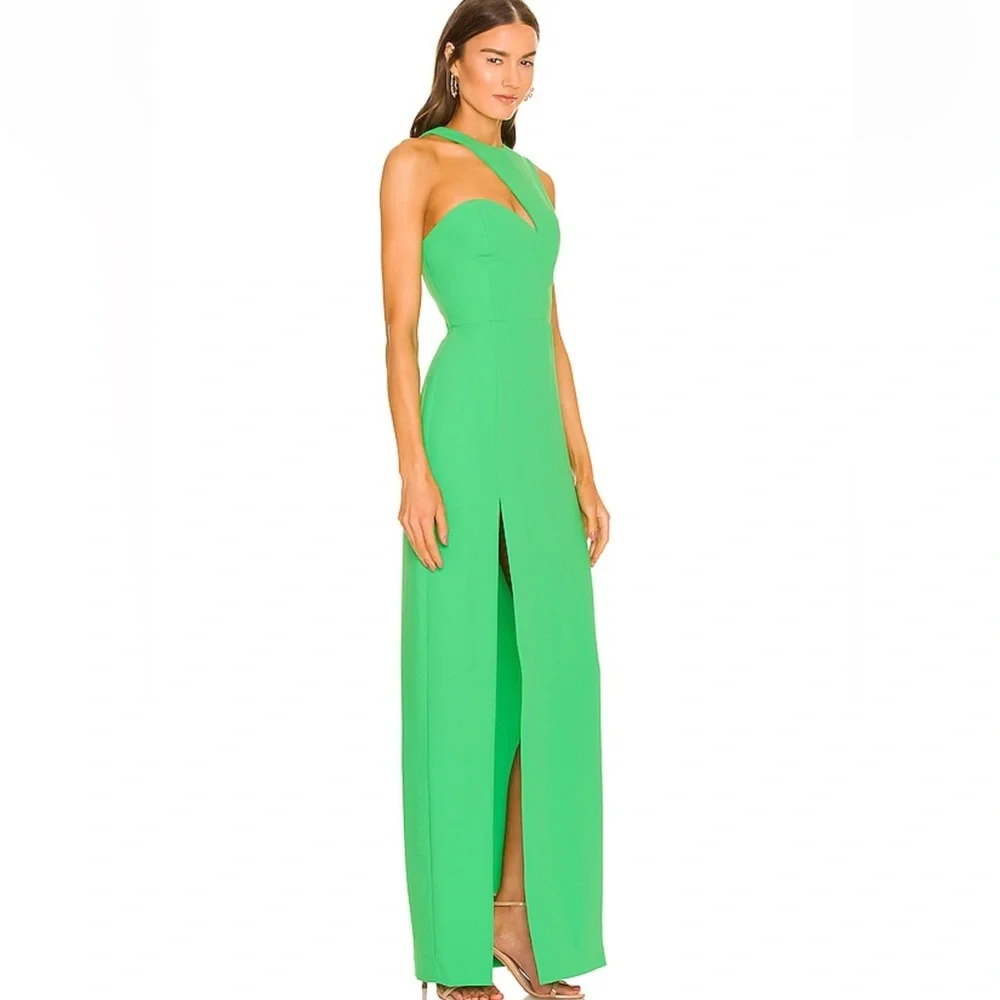 Amanda Uprichard | Revolve Gilda One-Shoulder Green Evening Gown with Thigh Slit - Picture 2 of 10